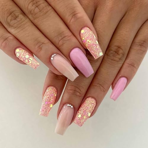 Nude Glitter Press On Medium Coffin False Nails -Free Shipping - Lady Luana Luxe Nails