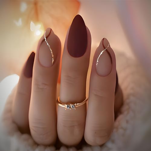 Brown Autumn Matte Almond Press-On Nails Fake Acrylic Nails- Free Shipping