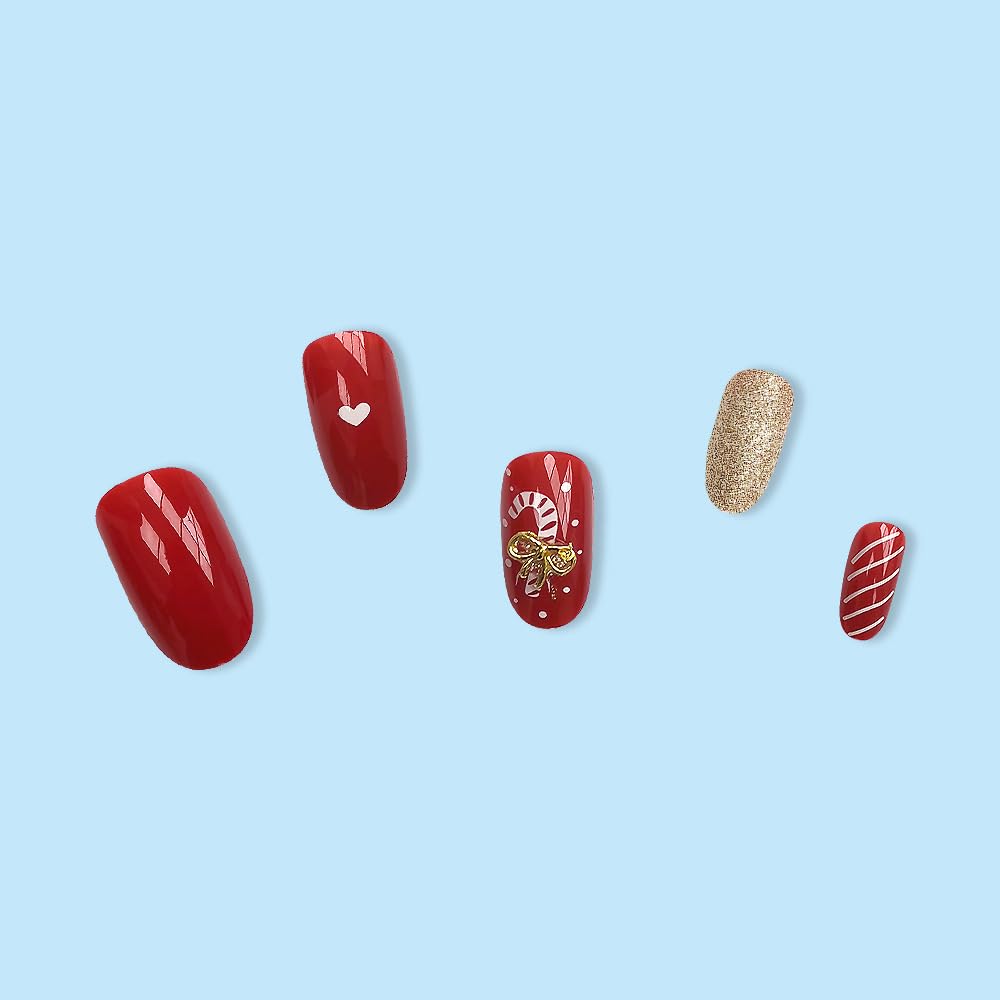 Festive Candy Cane Gold Bow Stripes Christmas Press-On Nails Acrylic False Nails - Free Shipping