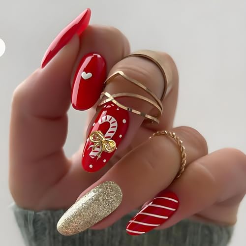 Festive Candy Cane Gold Bow Stripes Christmas Press-On Nails Acrylic False Nails - Free Shipping