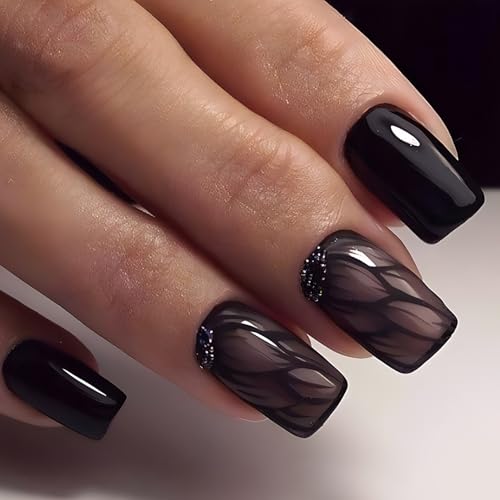Black Rhinestones Press-On Nails Set-Medium Length, Square Shape, Reusable Acrylic False Nails-Free Shipping