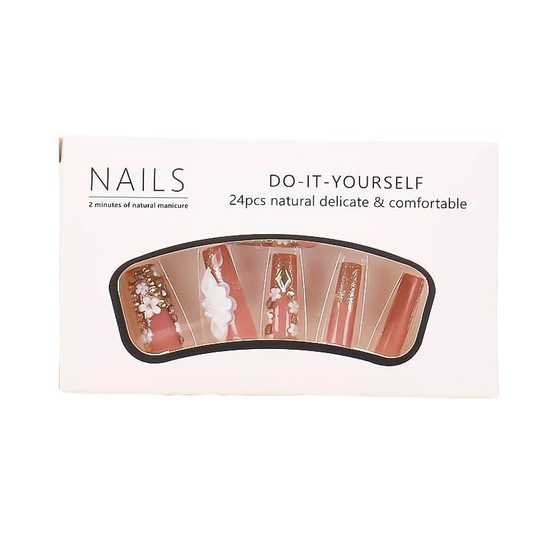 3D Gold Glitter Rhinestone Flower Long Coffin Press-On Nails Acrylic False Nails-Free Shipping