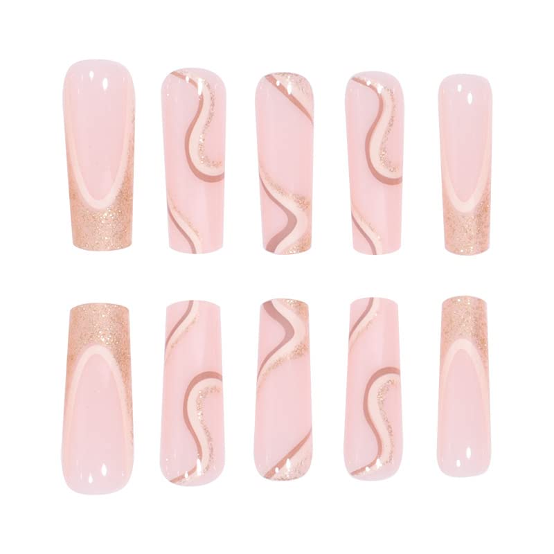 Abstract Glitter Gold Long Coffin Press-On Nails Acrylic False Nails-Free Shipping