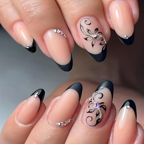 Chic Floral Rhinestone Black French Press-On Nails Acrylic Fake Nails-Free Shipping