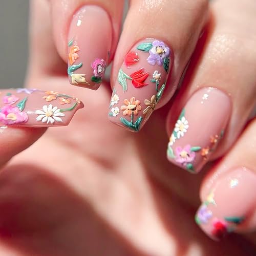 Bee Tulip Floral Press-On Nails Set-Medium Length, Square Shape, Reusable Acrylic False Nails-Free Shipping