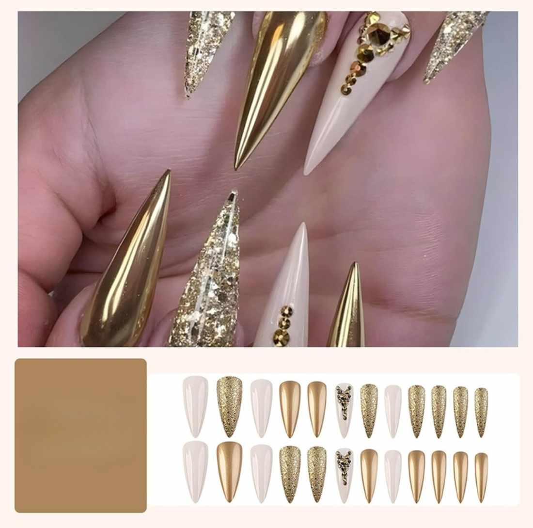 Gold Rhinestones Glitter Stiletto Press-On Nails Acrylic Nails - Free Shipping