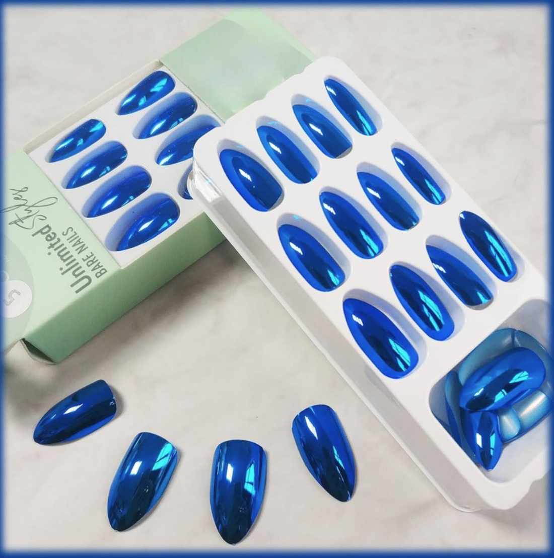 Blue Chrome Metal Press-On Nails Almond False Nails with Mirror Shine - Free Shipping