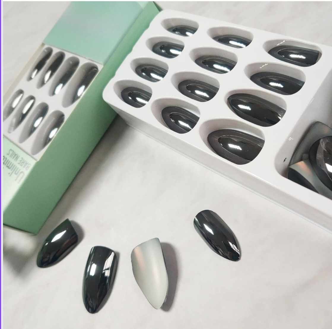 Black Chrome Metal Press-On Nails Almond False Nails - Free Shipping