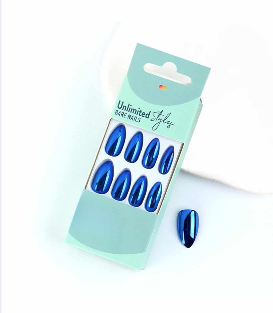 Blue Chrome Metal Press-On Nails Almond False Nails with Mirror Shine - Free Shipping