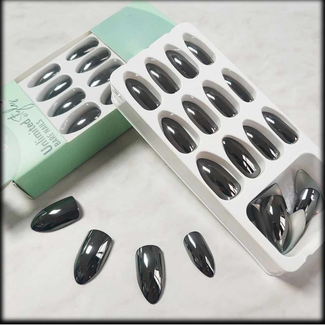 Black Chrome Metal Press-On Nails Almond False Nails - Free Shipping