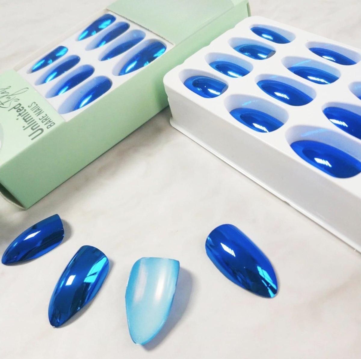Blue Chrome Metal Press-On Nails Almond False Nails with Mirror Shine - Free Shipping