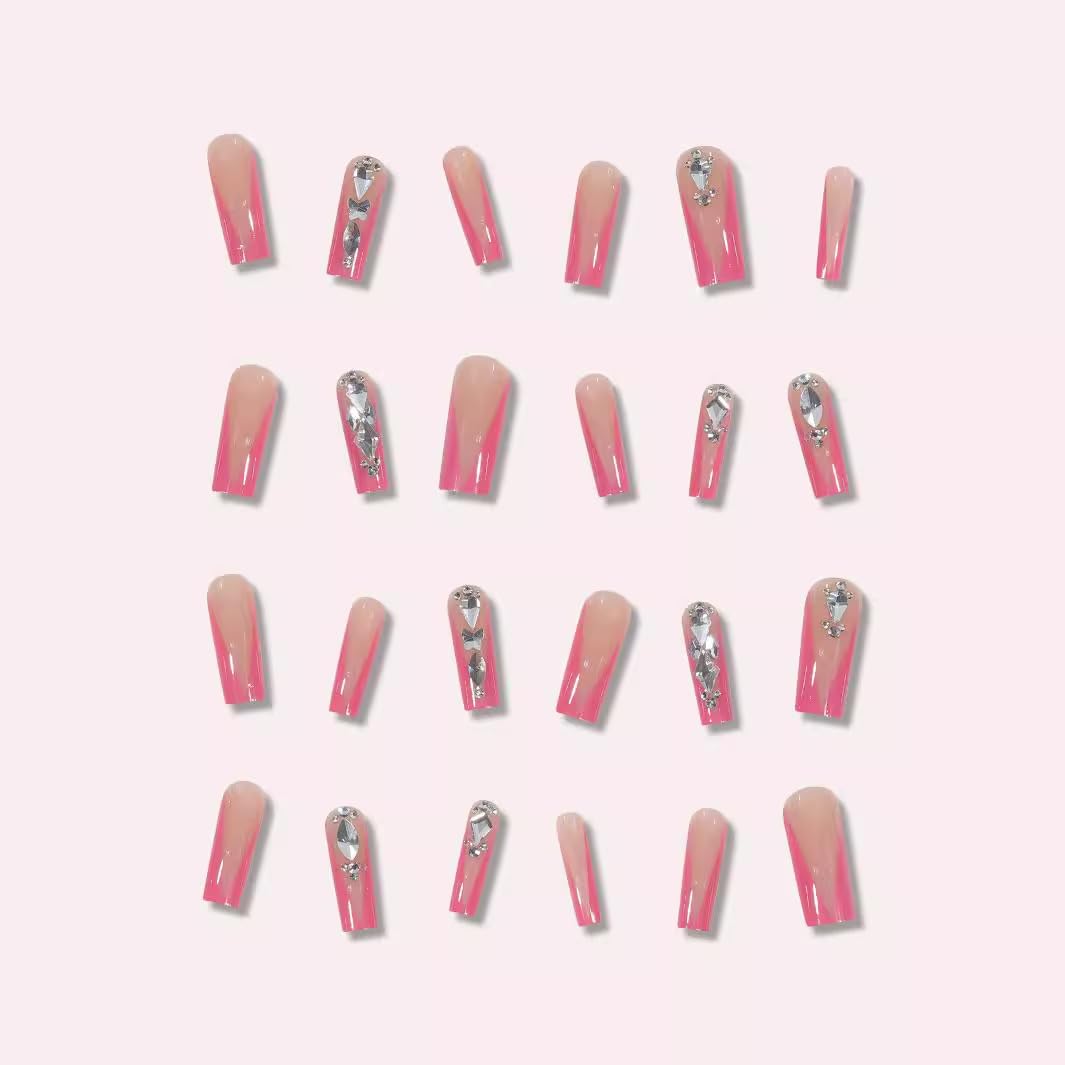 Pink Rhinestone Long Coffin Press-On Nails Acrylic False Nails – Free Shipping