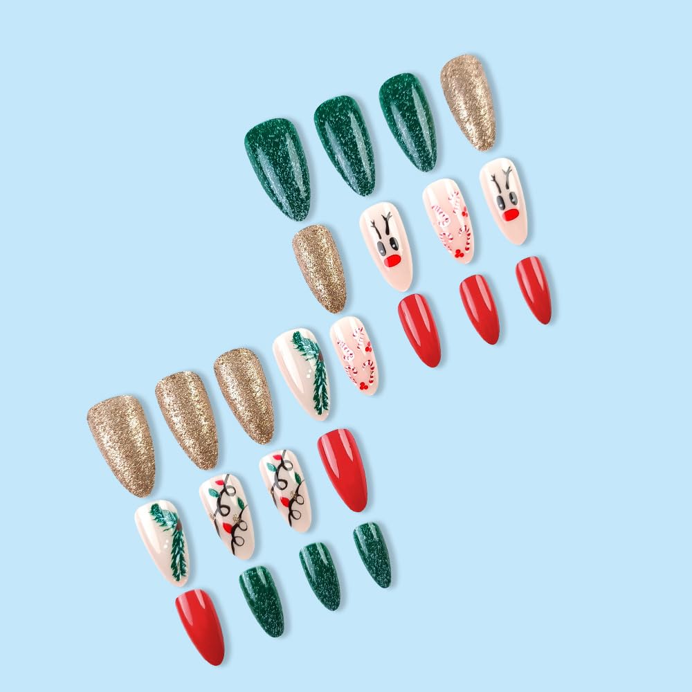 Red Nose Candy Cane Christmas Press-On Nails Medium Almond Acrylic Nails-Free Shipping