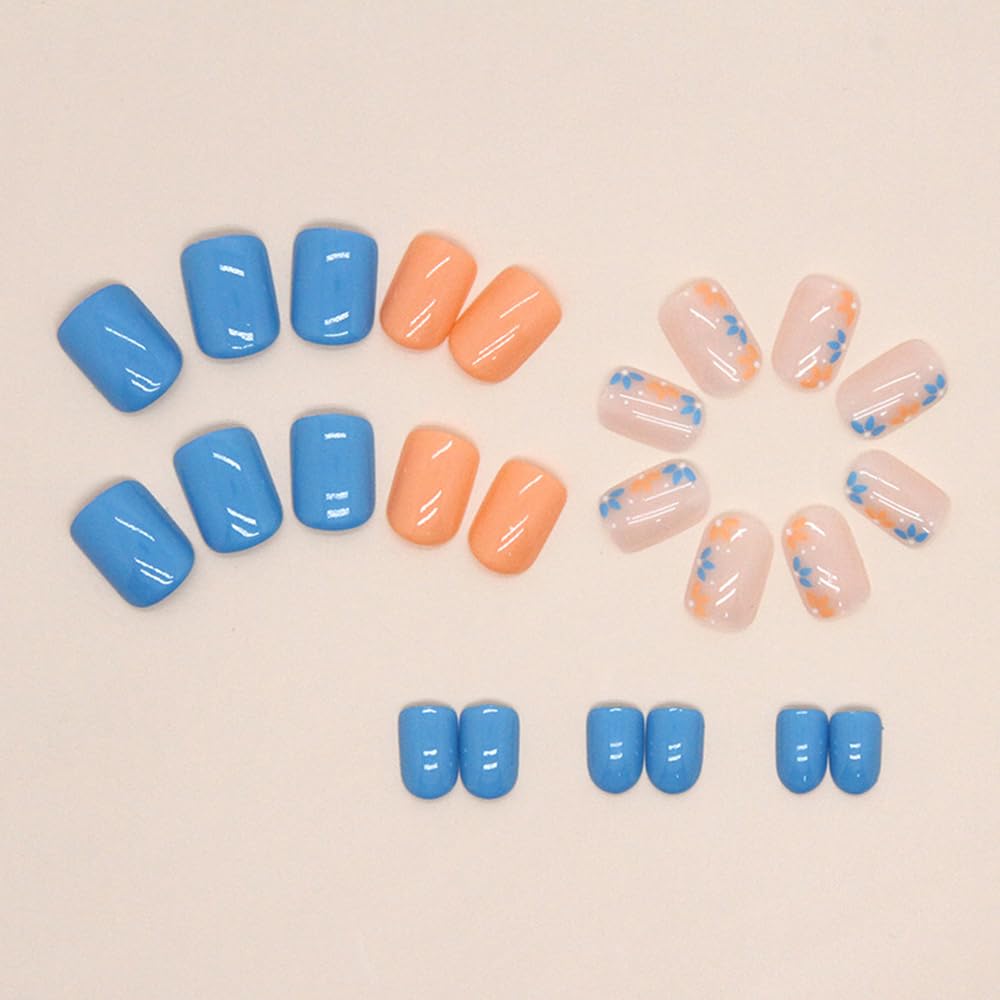 Vibrant Floral Blue Orange Press-On Nails Short Square Acrylic False Nails - Free Shipping
