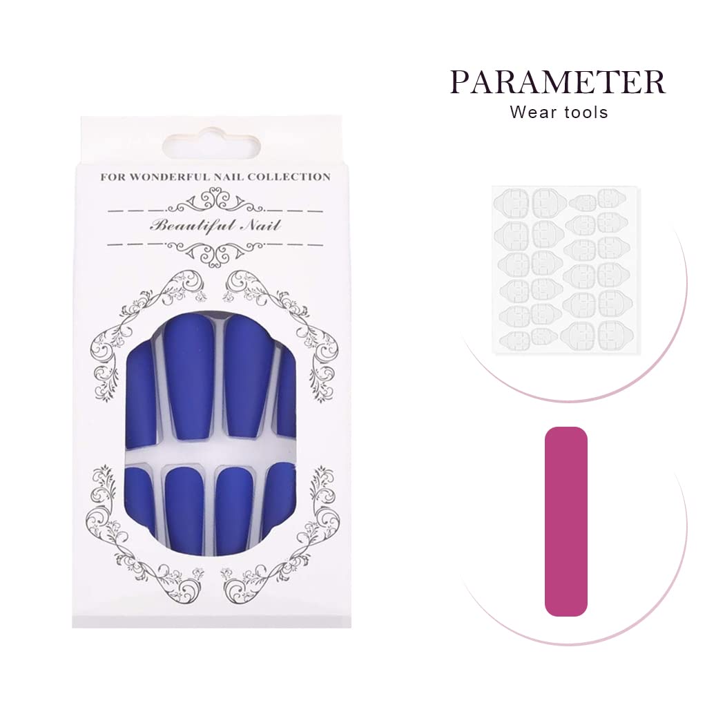 Blue Matte Long Coffin Press-On Nails Acrylic Full Cover Fake Nails – Free Shipping