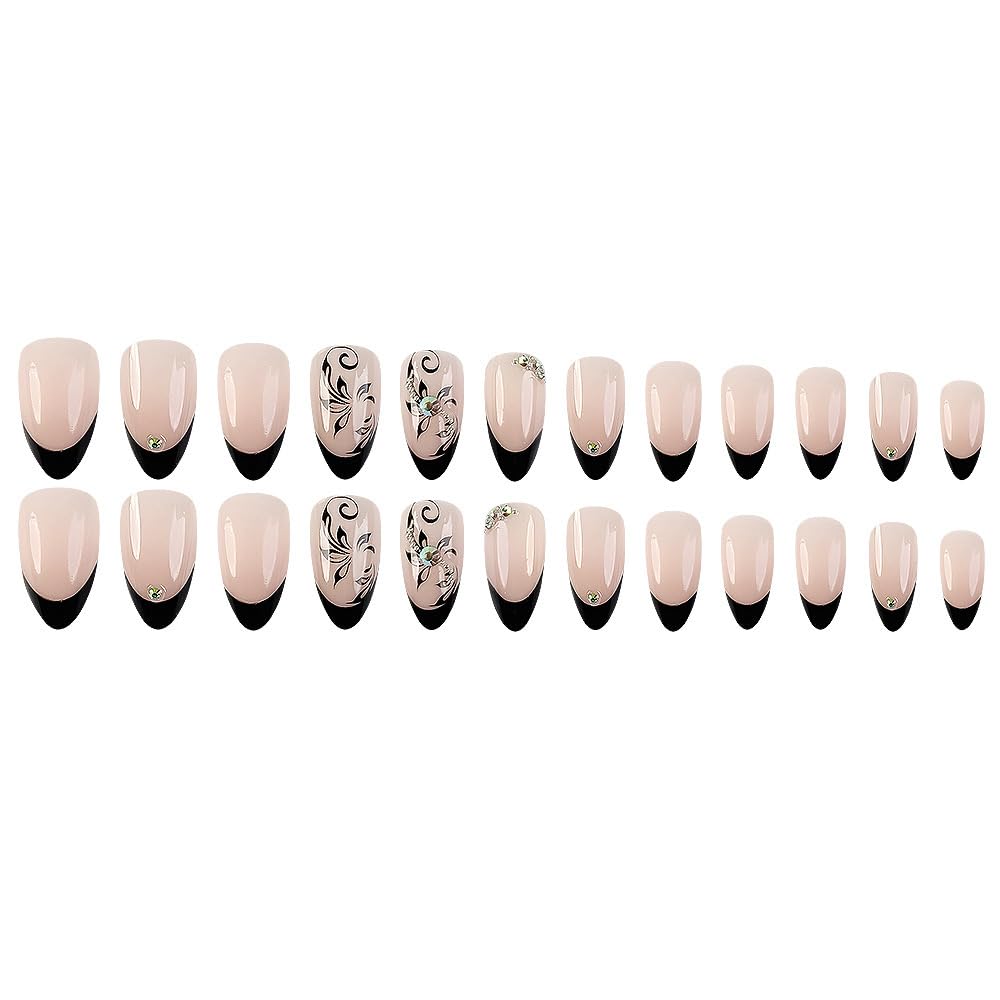 Chic Floral Rhinestone Black French Press-On Nails Acrylic Fake Nails-Free Shipping