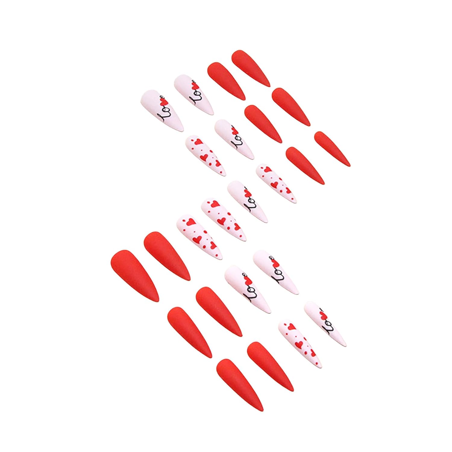 Valentines Day Press on Nails Long Stiletto Fake Nails with Red Heart & LOVE Designs Full Cover Glossy Acrylic Nails Stick on Nails Stick on Nails Valentine’s Nails Press ons for Women and Girls 24Pcs