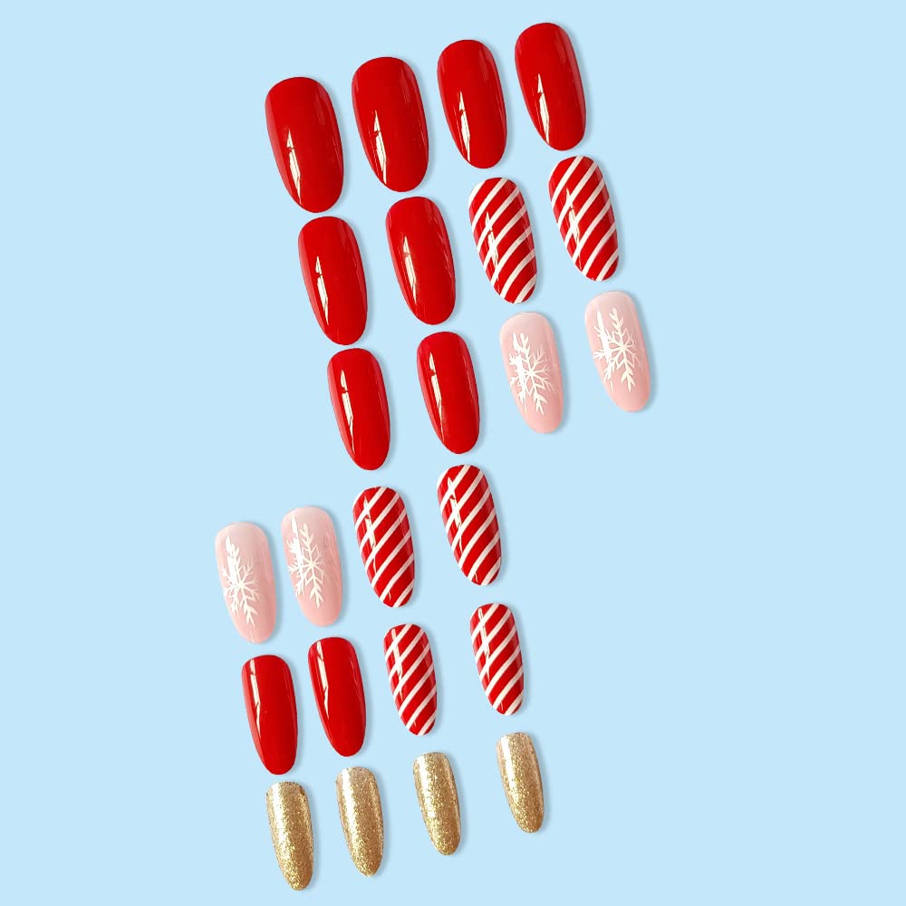 Candy Stripe Snowflake Glitter Press-On Nails Christmas False Nails – Free Shipping