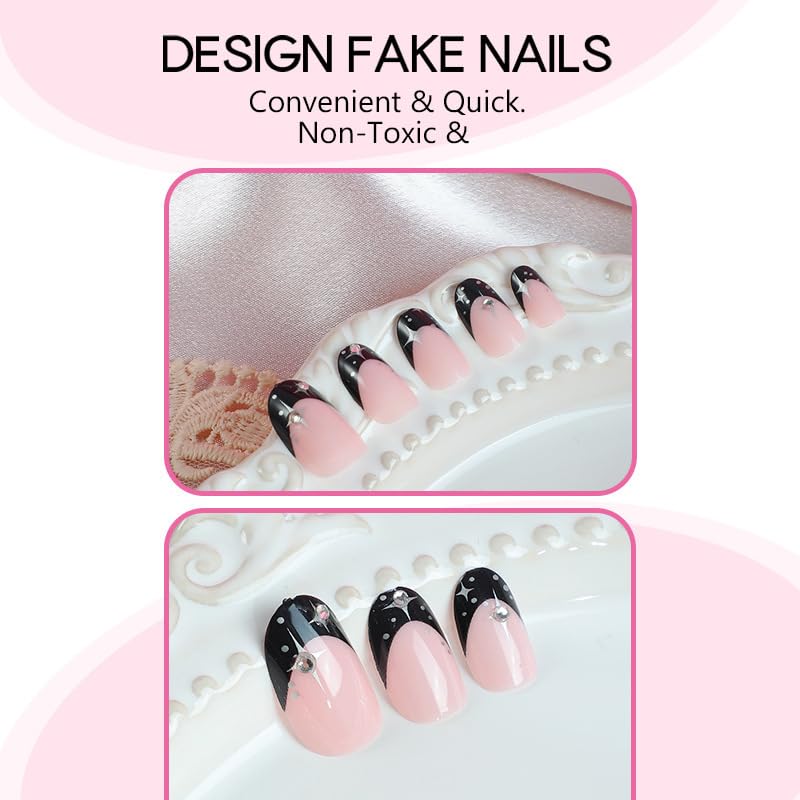Black Rhinestone French Almond Press on Nails - 24 Pcs Medium Square Full Cover Fake Nails - Free Shipping