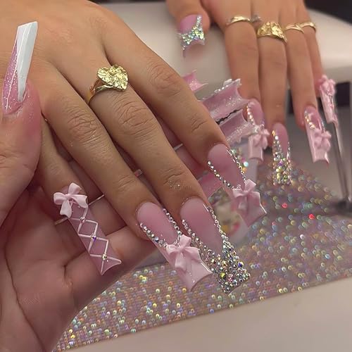 Chic Pink Bow and Rhinestone Coffin French Tip Press-On Nails Fake Nails-Free Shipping