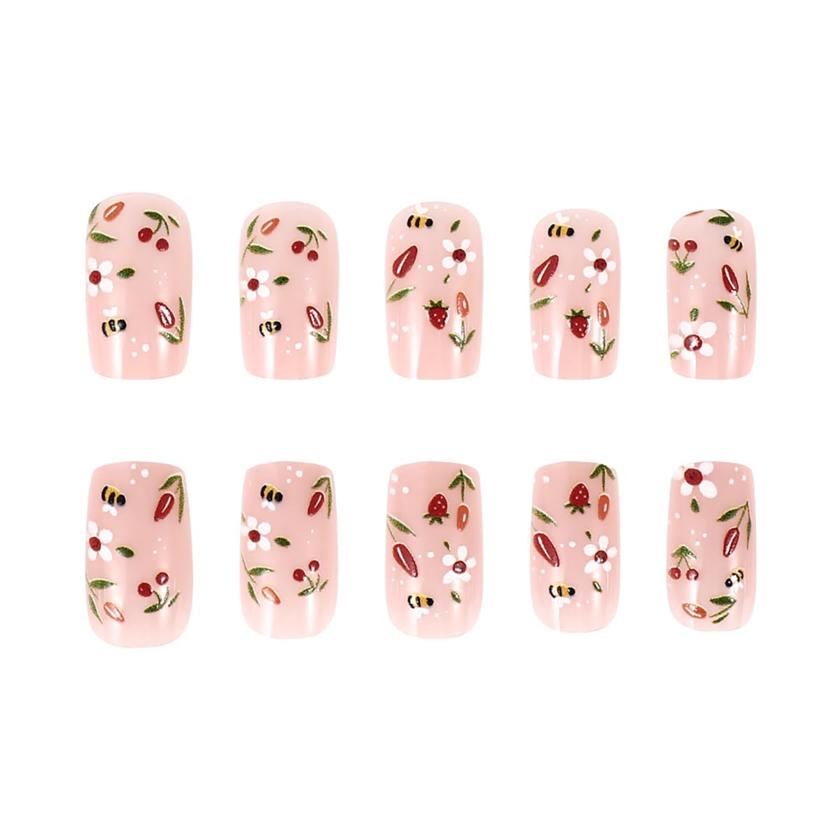 Bee Tulip Floral Press-On Nails Set-Medium Length, Square Shape, Reusable Acrylic False Nails-Free Shipping