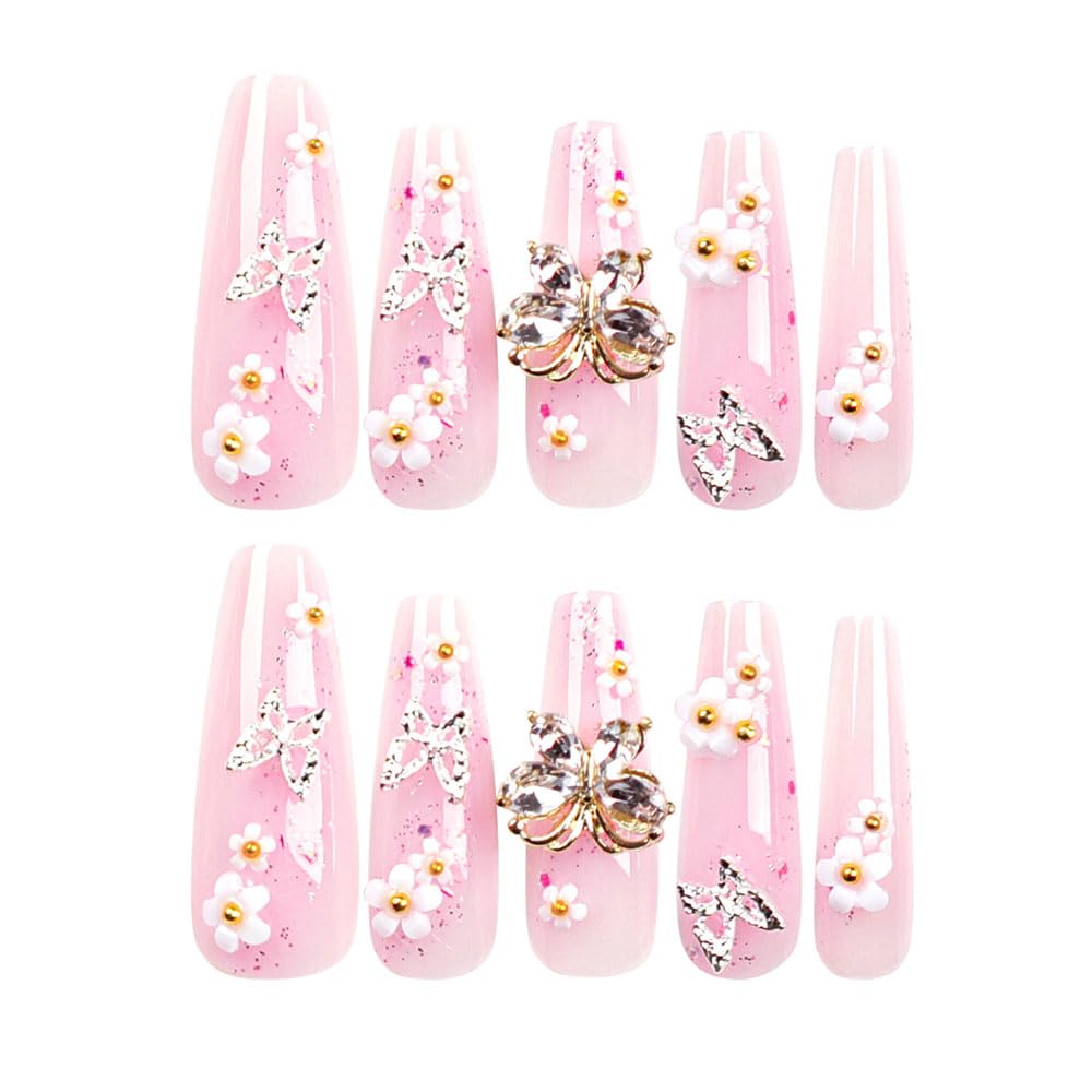 3D Butterfly Glitter Flower Long Coffin Press-On Acrylic False Nails - Free Shipping