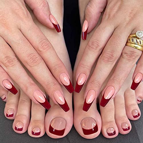 Red French Nude Press-On Nail Set For Fingers And Toes, Shimmer And Glossy Finish-Free Shipping - Lady Luana Luxe Nails