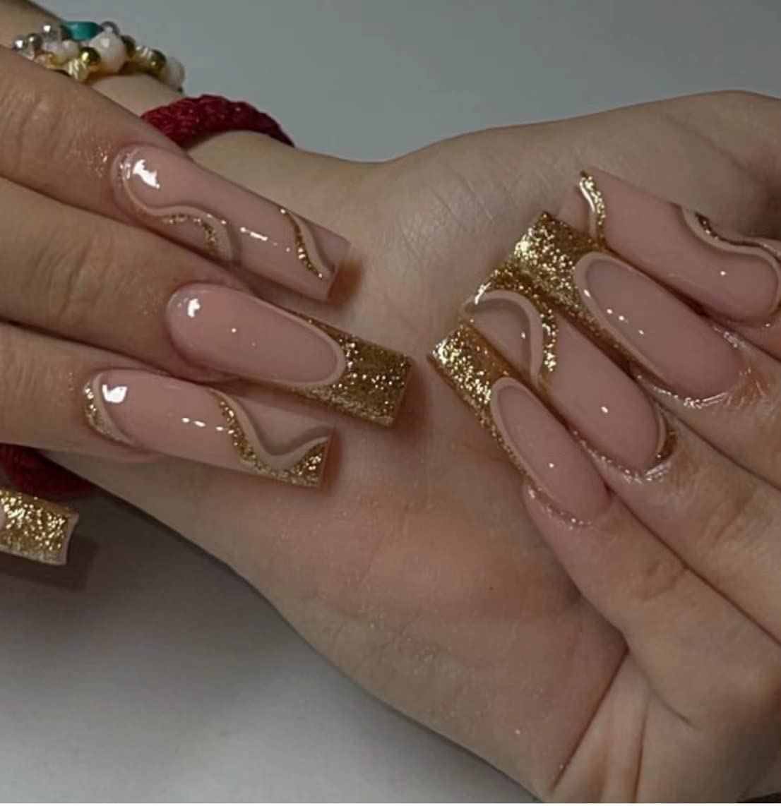 Abstract Glitter Gold Long Coffin Press-On Nails Acrylic False Nails-Free Shipping