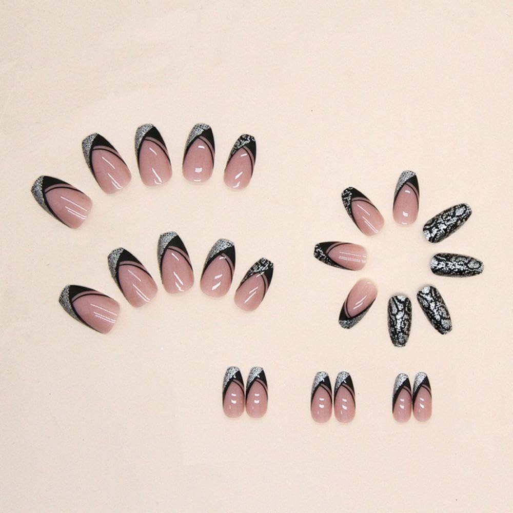Silver Black Coffin Press-On Nails Glitter Acrylic Fake Nails - Free Shipping
