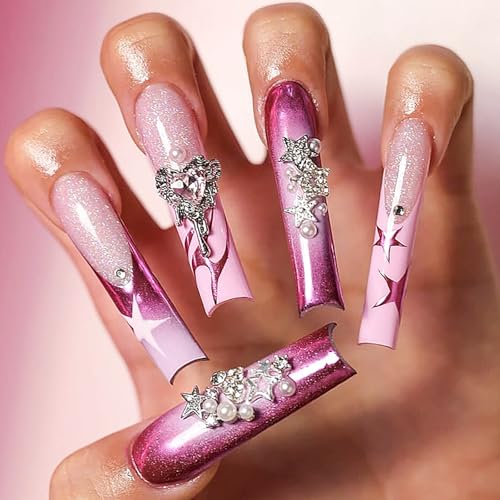 3D Rhinestone Metallic Star Long Coffin Press-On Nails Acrylic False Nails– Free Shipping