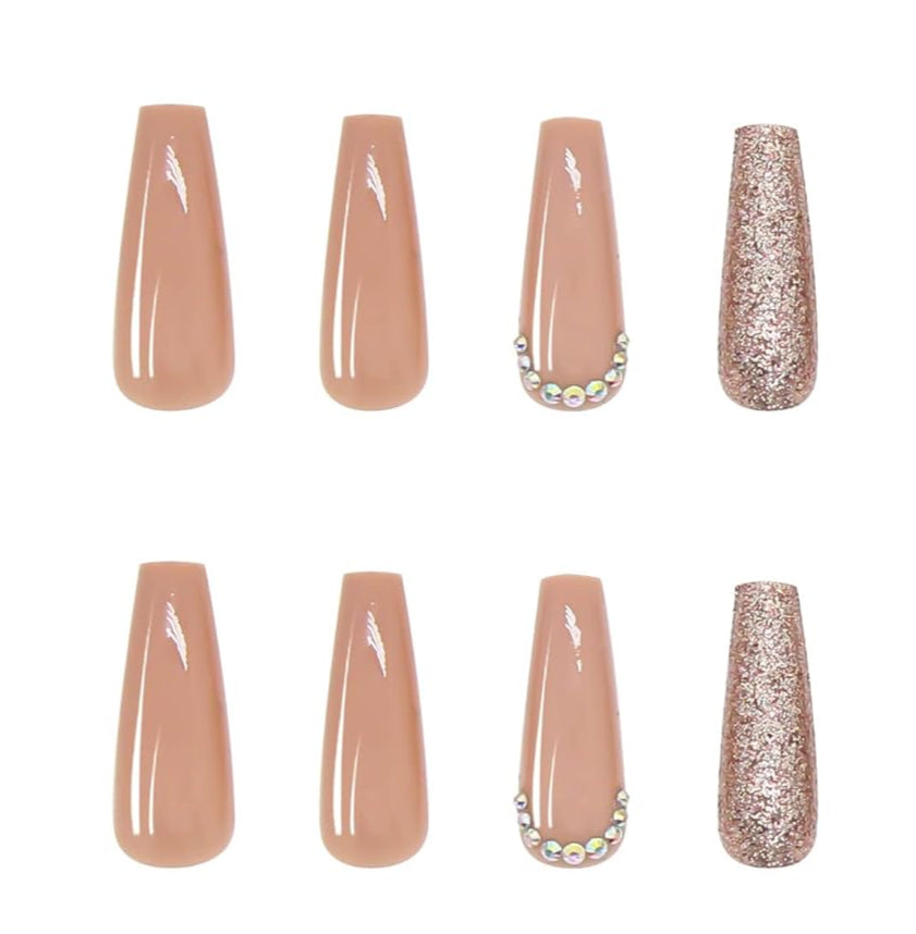 BABALAL Glossy Press on Nails Long Coffin Full Cover False Nails Shiny Stick on Nails Nude Fake Nails for Women and Girls