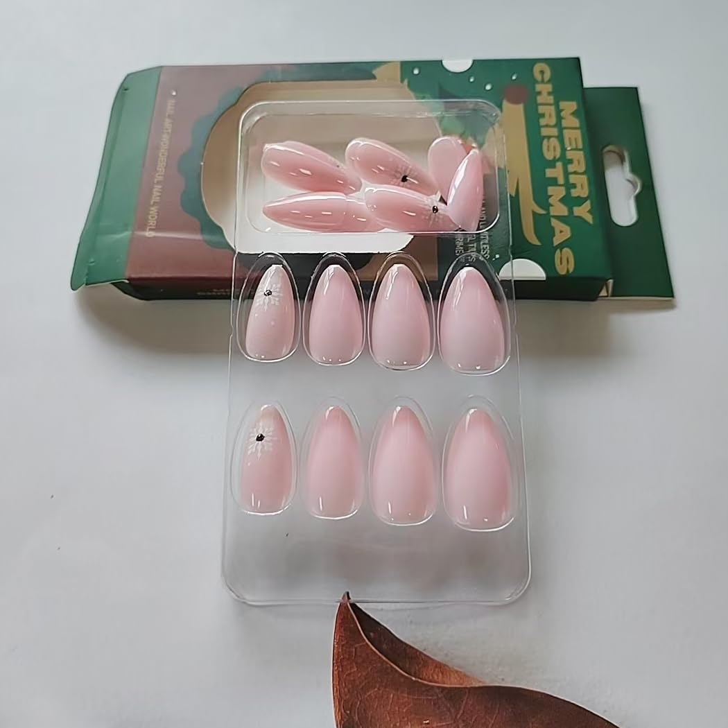 Pink Rhinestone Snowflake Christmas Almond Press-On Acrylic Nails - Free Shipping