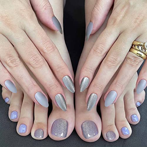 Stylish Silver Press-On Nail Set For Fingers And Toes, Shimmer And Glossy Finish-Free Shipping - Lady Luana Luxe Nails