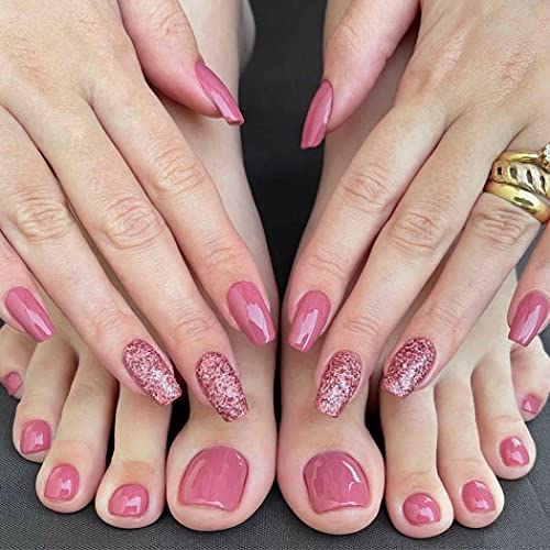 Stylish Pink Press-On Nail Set For Fingers And Toes, Shimmer And Glossy Finish-Free Shipping - Lady Luana Luxe Nails