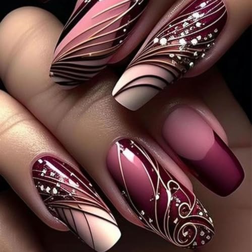 Elegant Autumn Press On Nails, Medium Square Shape, Full Cover with Pattern Design - Free Shipping