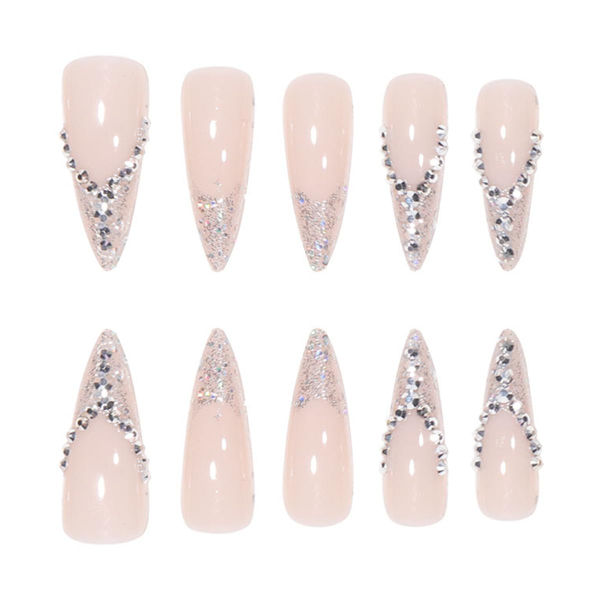 Stiletto Silver Glitter PressOn Fancy Nails French Tips-Free Shipping - Lady Luana Luxe Nails