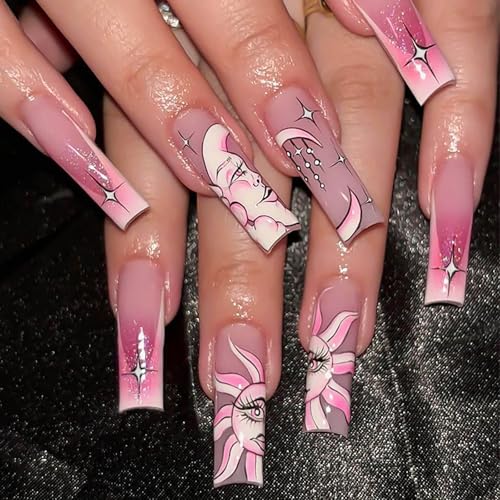 Stylish Moon Sun French Tip Press-On Nails, Long Coffin Acrylic Nails-Free Shipping
