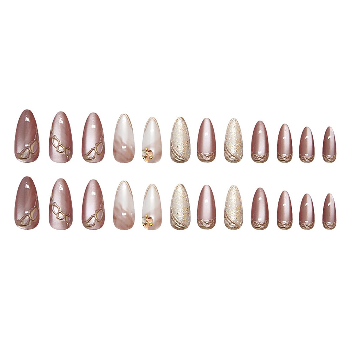French Tip Press on Nails Brown with Rhinestones Medium Almond Shape False Nails for Wedding Daily Reusable Salon Cute Fake Nails Full Cover Acrylic Stick on Nails Glue on Nails Decoration Kit