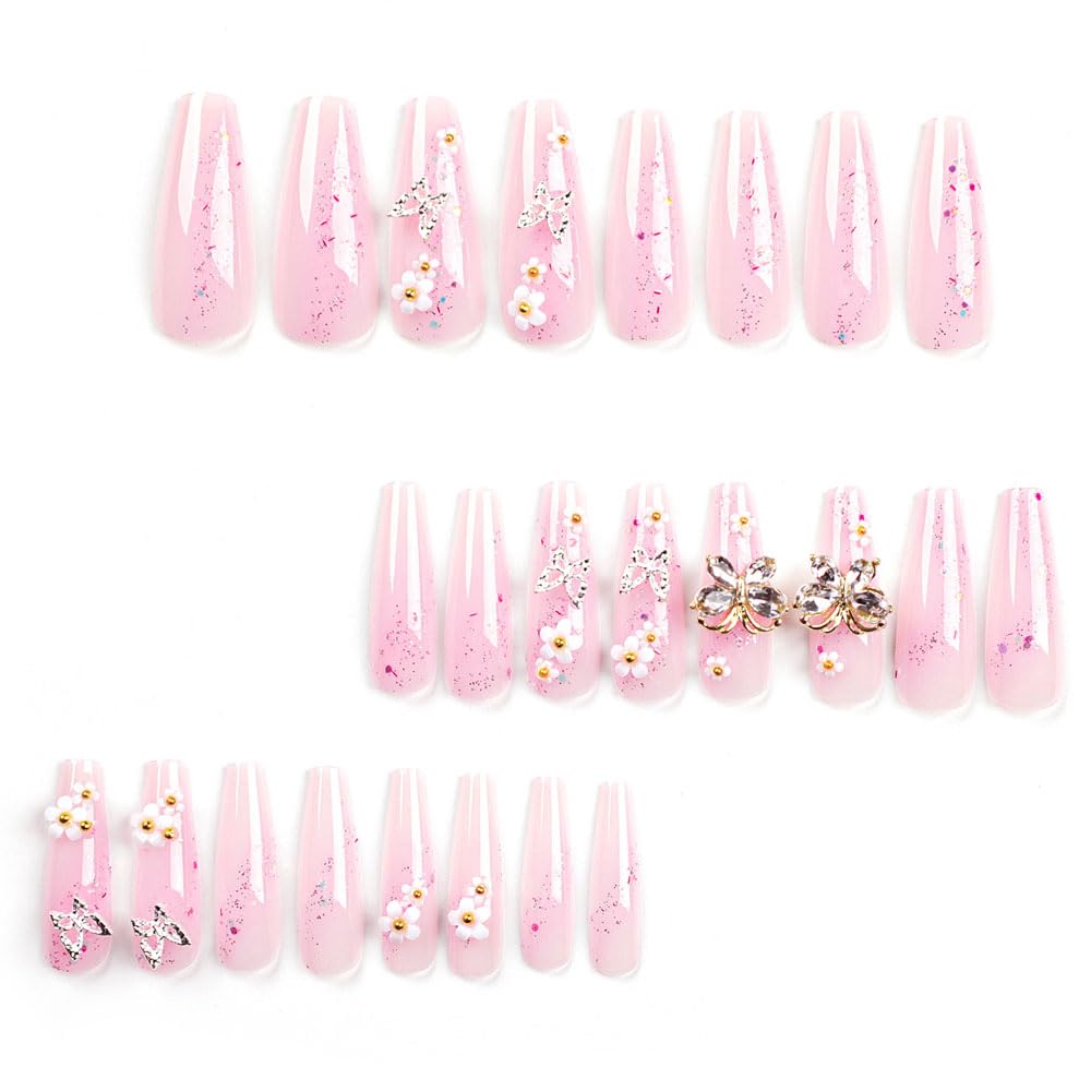 3D Butterfly Glitter Flower Long Coffin Press-On Acrylic False Nails - Free Shipping