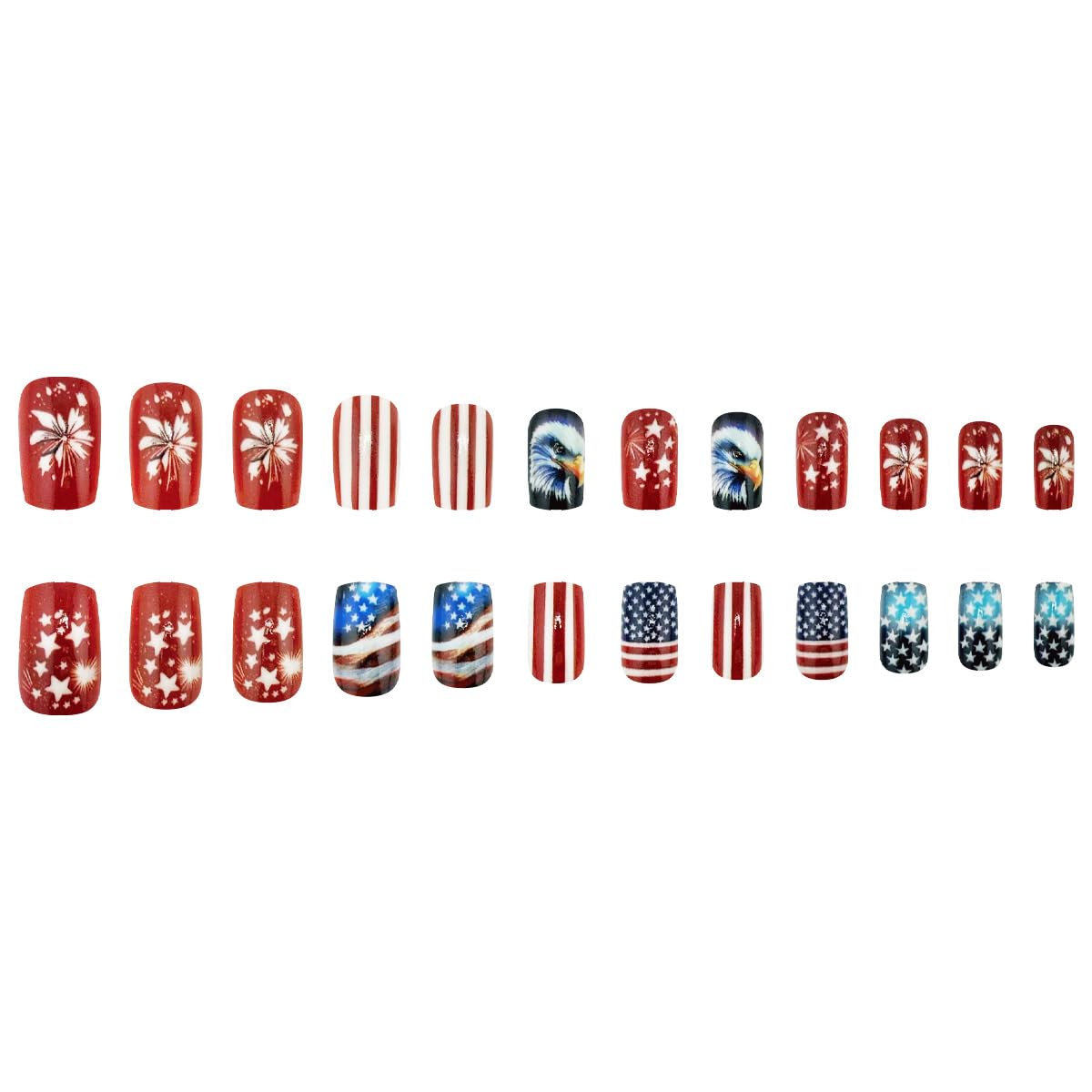 Medium Press on Nails Independence Day Fake Nails with Fireworks and Stripe Designs Bald Eagle Glue on Nails 4th of July Flag Stick on Nails Blue Red Glue on Nails for Women Girls 24Pcs