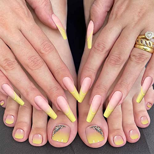 Chic Yellow Rhinestone Press-On Nail Set For Fingers And Toes, Shimmer And Glossy Finish-Free Shipping - Lady Luana Luxe Nails