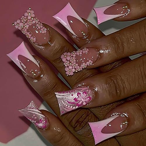 Pink Floral Duck French Press-On Nails Acrylic Fake Nails - Free Shipping