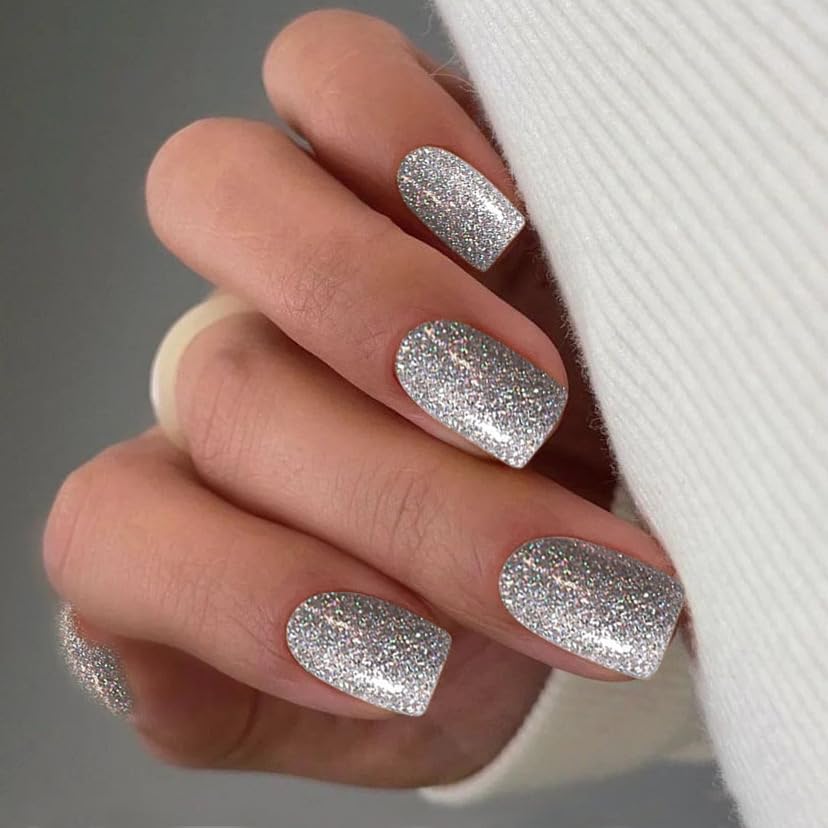 Dazzling Silver Glitter Square Press-On Nails Acrylic Fake Nails - Free Shipping