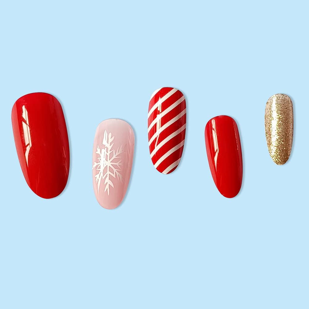 Candy Stripe Snowflake Glitter Press-On Nails Christmas False Nails – Free Shipping