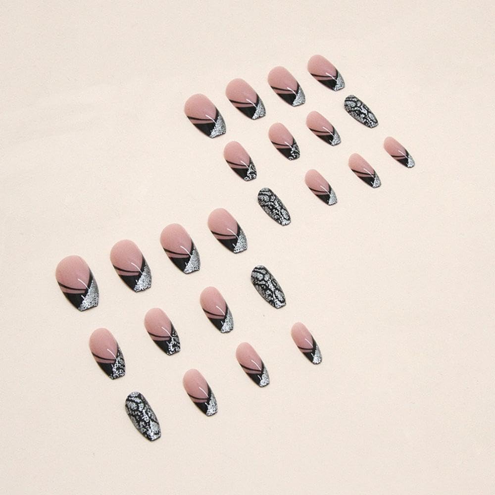 Silver Black Coffin Press-On Nails Glitter Acrylic Fake Nails - Free Shipping