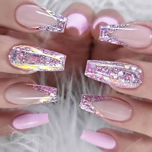 Nude Glitter Press On Medium Coffin False Nails -Free Shipping - Lady Luana Luxe Nails
