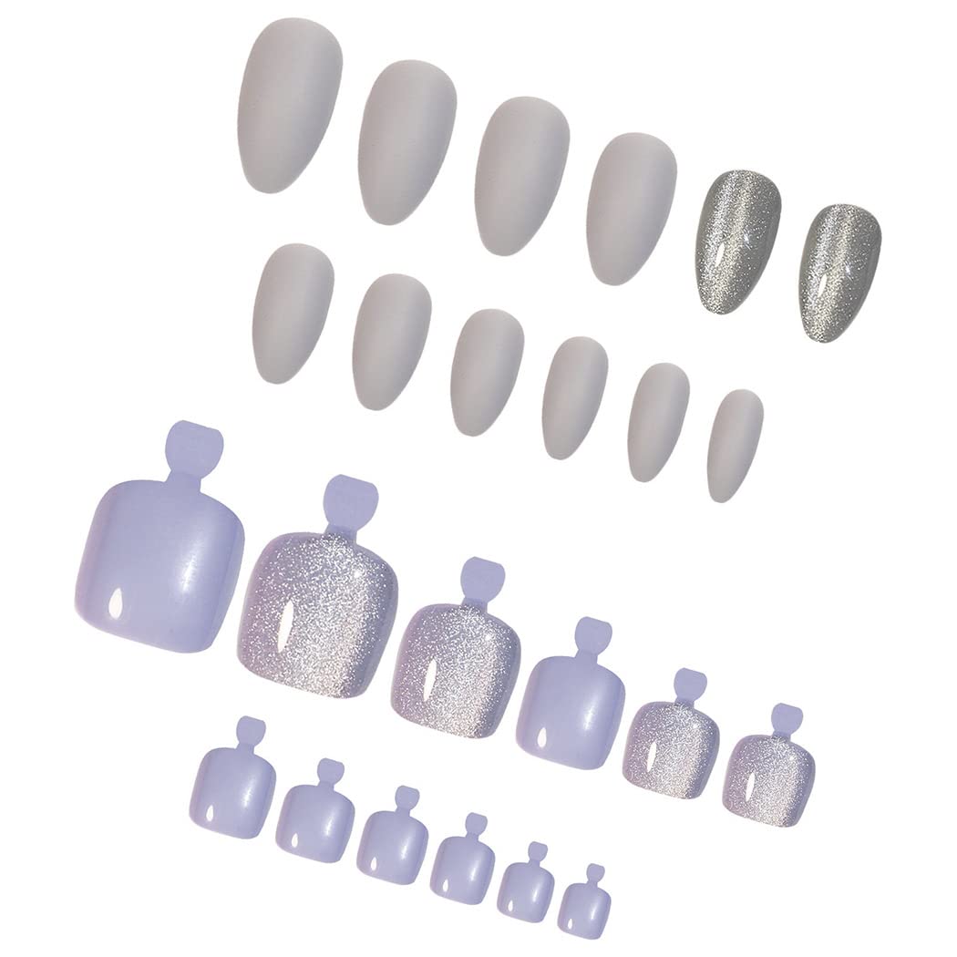 Stylish Silver Press-On Nail Set For Fingers And Toes, Shimmer And Glossy Finish-Free Shipping - Lady Luana Luxe Nails
