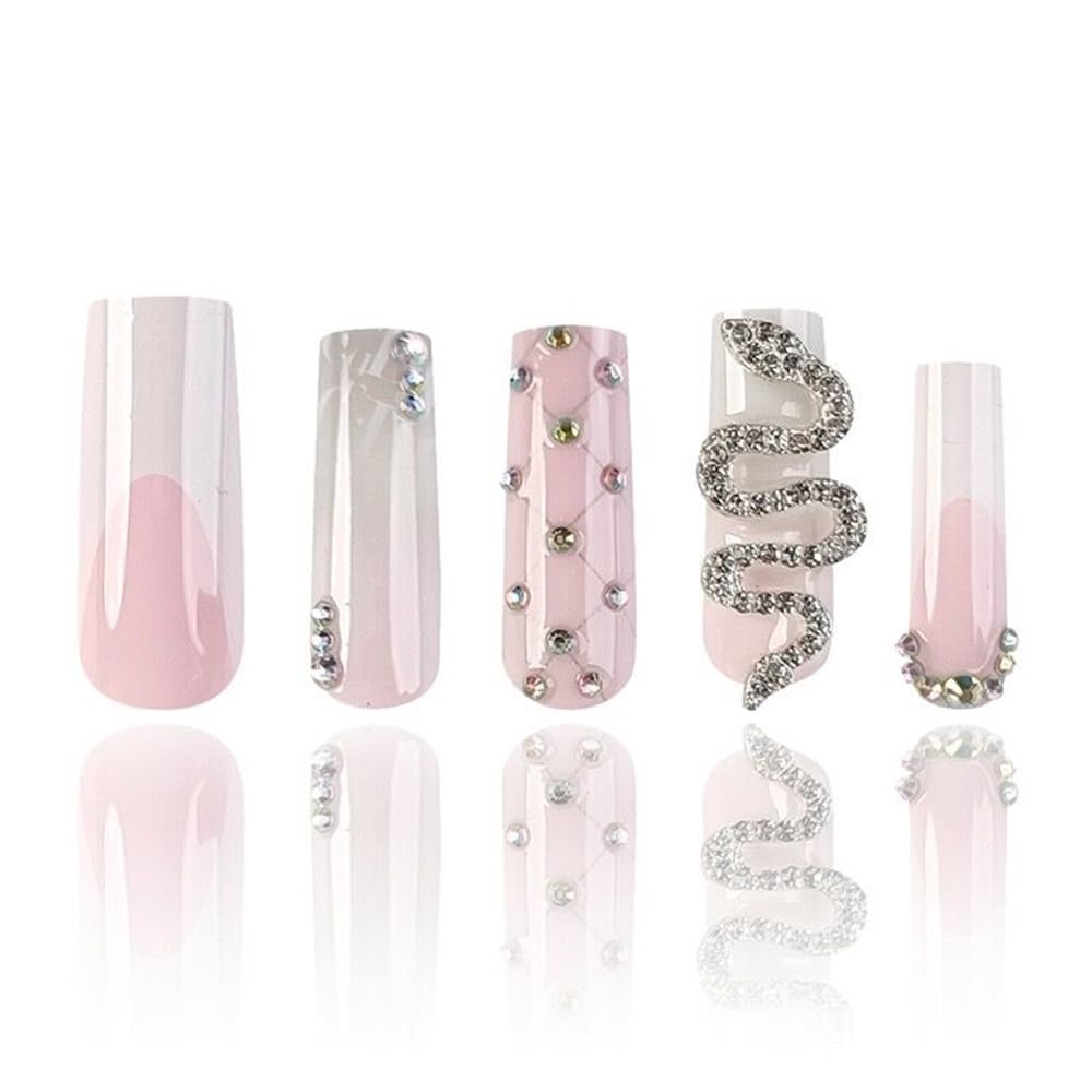 Snake Rhinestone White French Coffin Press-On Nails Acrylic False Nails-Free Shipping