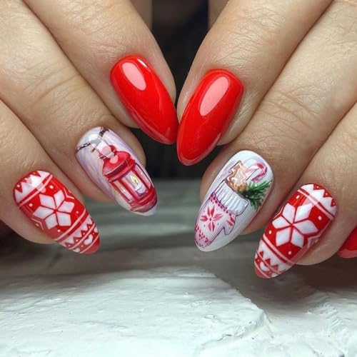 Holiday Red White Snowflake Glove Candle Light Christmas Press-On Nails Acrylic False Nails-Free Shipping
