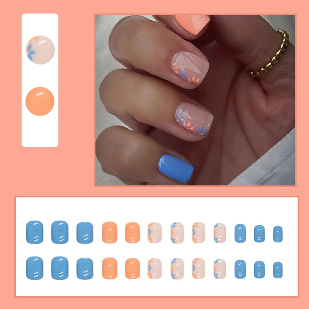 Vibrant Floral Blue Orange Press-On Nails Short Square Acrylic False Nails - Free Shipping